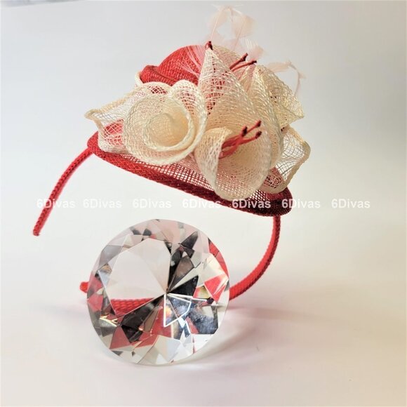 Red Top Hat Fascinator with Cream colored Feathers and Rosettes on Headband - Picture 8 of 14